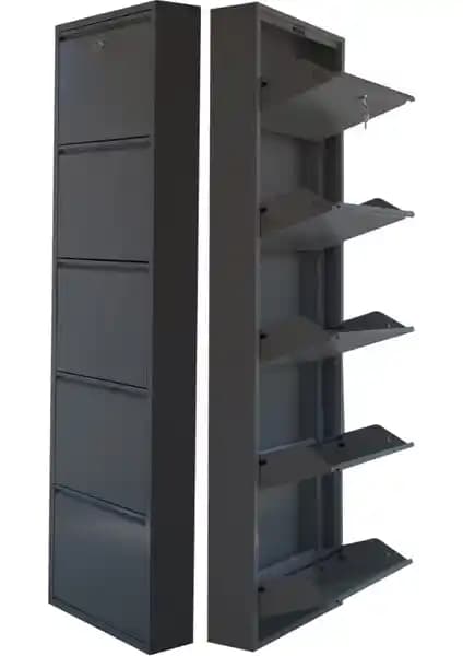 Mobilya Pratik Kilitli 5'li Metal Ayakkabılık Antrasit Renk Modern ve Dayanıklı Tasarım