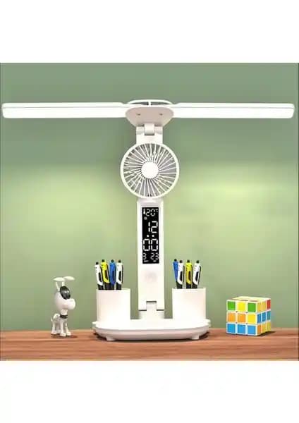 Modern Çok Fonksiyonlu LED Masa Lambası: Fan, Saat ve Termometre Özellikleriyle Ofis ve Çalışma Alanları İçin Ideal