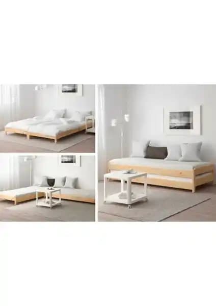 Modimo Litya Yavrulu Doğal Ahşap Çift Kişilik Karyola Yatak Odası Dekorasyonu