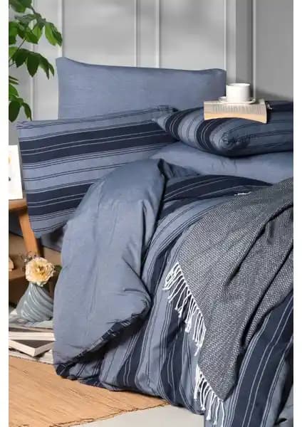 My Story Lastikli Çarşaflı Tek Kişilik Nevresim Takımı Indigo Çizgili Konfor ve Estetik Birlikteliği