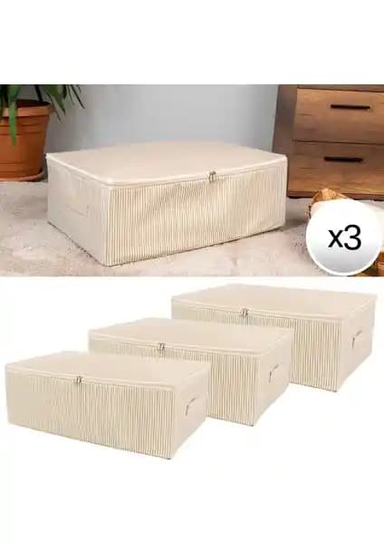 Nacarev 3'lü Büyük Boy Çizgi Desenli Krem Hurç Seti Evde Depolama ve Düzenleme