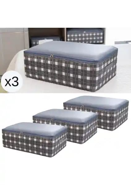 Nacarev 3'lü Ekose Gri Baza Altı Düzenleyici Hurç Seti - Dayanıklı ve Pratik Organizatör