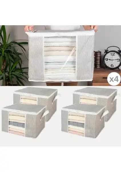 Nacarev 4 Adet Orta Boy Pencereli Çizgi Desen Baskılı Hurç Seti Ev ve Ofis Depolama