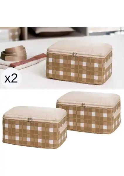 Nacarev Küçük Boy Kare Desenli Ekose Bej Baza Altı Hurç Seti - Çok Amaçlı Depolama Çözümü