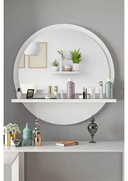 Nysamo Yuvarlak Beyaz Raflı 58 cm Ayna: Modern ve Şık İç Mekan Dekorasyonu İçin Uygun