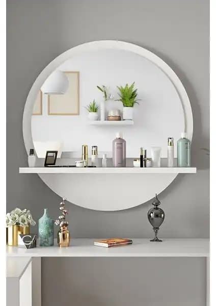 Nysamo Yuvarlak Beyaz Raflı 58 cm Ayna: Modern ve Şık İç Mekan Dekorasyonu İçin Uygun