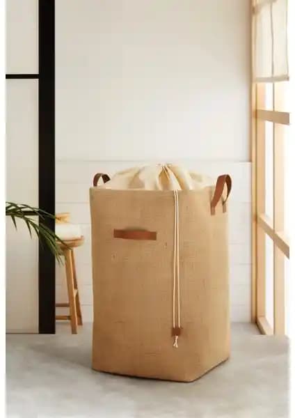 Ocean Home Textile Jüt Büzgülü Katlanır Çamaşır Sepeti ile Şık ve Pratik Saklama Çözümü