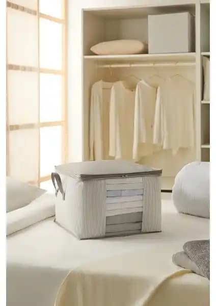 Ocean Home Textile Orta Boy Pencereli Hurç Gri Çizgili Kazak Pike Battaniye Depolama