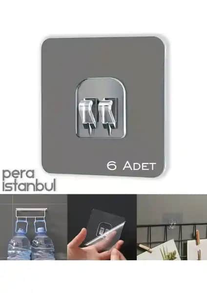 Pera İstanbul 6 Adet Güçlü Şeffaf Yapışkan Askı Seti Mutfak ve Banyo İçin Pratik Çözüm