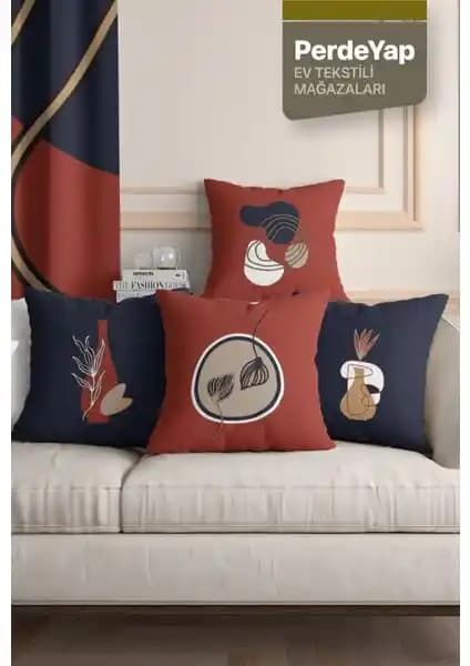 PerdeYap Lacivert Kiremit Sürrealist Çiçekler Desenli 4'lü Dijital Baskılı Kırlent Kılıfı