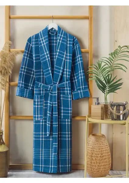 Philippus Erkek Yazlık Ekose Mavi Şalyaka Bornoz Konfor ve Şıklık Sunar