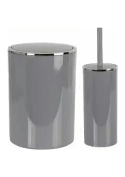 Primanova Lenox Çöp Kovası ve Klozet Fırçası Gri Modern Banyo Aksesuarları