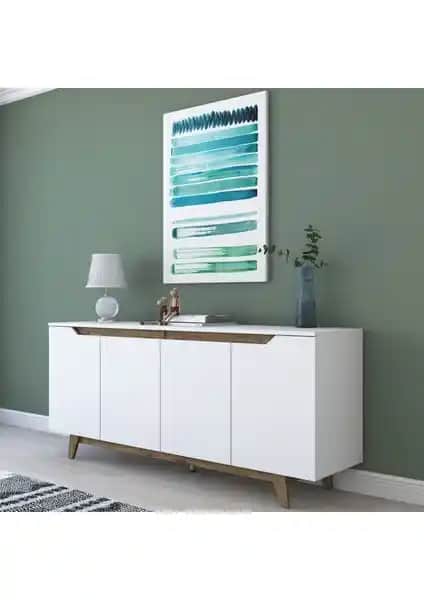 Rani GD102 Modern Ayaklı Konsol Beyaz Minyatür Ceviz Detaylarıyla Dekorasyonunuza Şıklık Katın