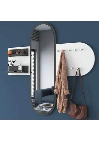 Rani P3 Aynalı Duvar Askısı ve Vestiyer Antrasit Beyaz Modern Tasarım
