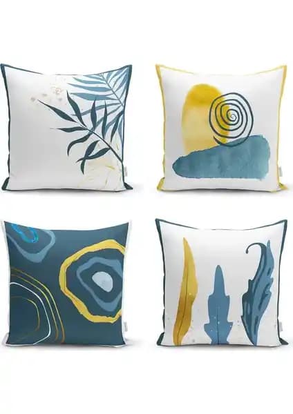 RealHomes 4'lü Renkli Gold Detaylı Yaprak Desenli Modern Kırlent Kılıf Seti