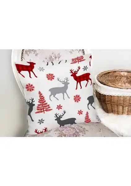 RealHomes Beyaz Zeminde Yılbaşı Motifleri Dijital Baskılı Yastık Kılıfı Dekorasyon Ürünü