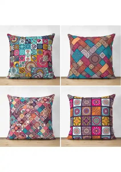 RealHomes Dekoratif Kilim Desenli 4'lü Çift Taraflı Süet Yastık Kılıf Seti