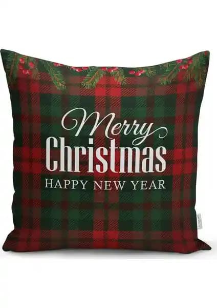 RealHomes Ekose Zeminde Merry Christmas Dekoratif Yastık Kılıfı Yüksek Kalite ve Şık Tasarım