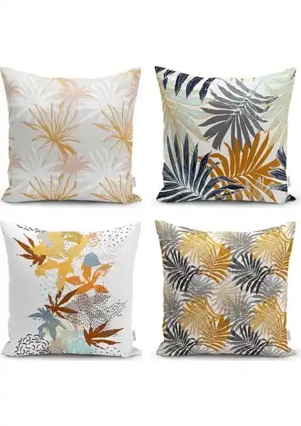 RealHomes Gold Tropik Yaprak Motifli Modern Dijital Baskılı Yastık Kılıf Seti