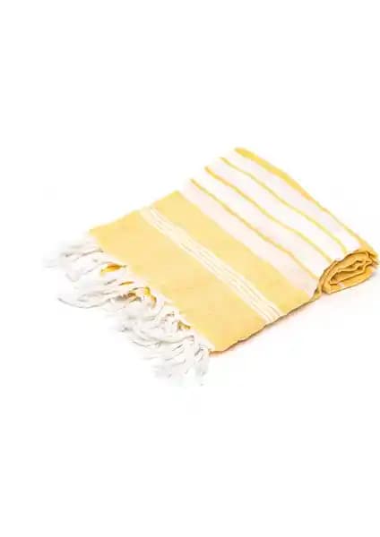 Rosa Bianca Sarı Beyaz Şeritli Yıkanmış Pamuk Peştemal Plaj ve Havuz Kullanımı İçin Şık ve Dayanıklı