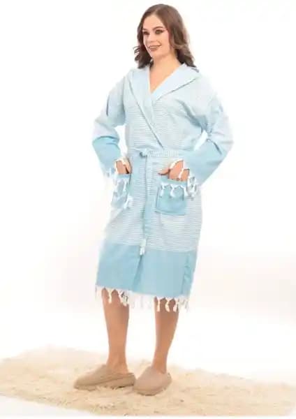 Rozet Tekstil Hürrem Mavi Unisex Pamuk Bornoz: Konfor ve Şıklığın Modern Tasarımı