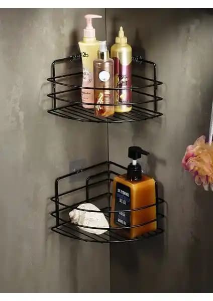 Sas Paslanmaz Yapışkanlı ve Vidalı Banyo Köşeliği Duş Rafı Modern Tasarım