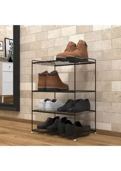 Tekno-tel 4 Katlı Metal Raf Ayakkabılık Siyaha — Modern ve Dayanıklı Depolama Çözümü
