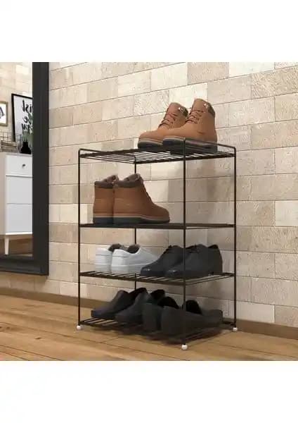 Tekno-tel 4 Katlı Metal Raf Ayakkabılık Siyaha — Modern ve Dayanıklı Depolama Çözümü