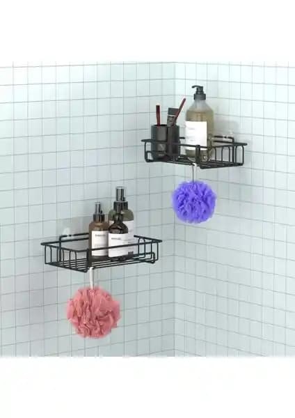 Teknotel Mat Siyah Yapışkanlı Kancalı Banyo Rafı Şık ve Pratik Depolama Çözümü