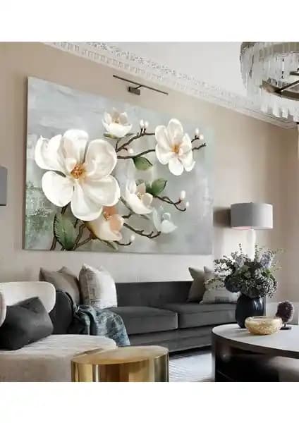 Trade Ays Yağlı Boya Efekti Yosun Yeşili-Gri Büyük Çiçek Kanvas Duvar Tablo