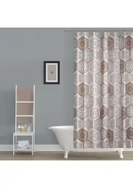 Tropik Home Kahverengi Şal Desenli Duş Perdesi – Estetik ve Dayanıklı Banyo Aksesuarı
