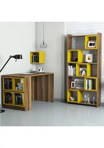 Variant Mobilya Box Çalışma Masası ve Kitaplık Takımı Ceviz Sarı Modern Tasarım