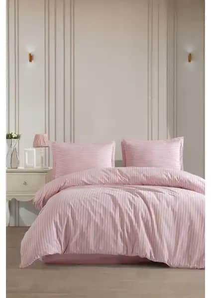 Varol Lastikli Saten Çizgili Çift Kişilik Nevresim Takımı Pudra Rengi