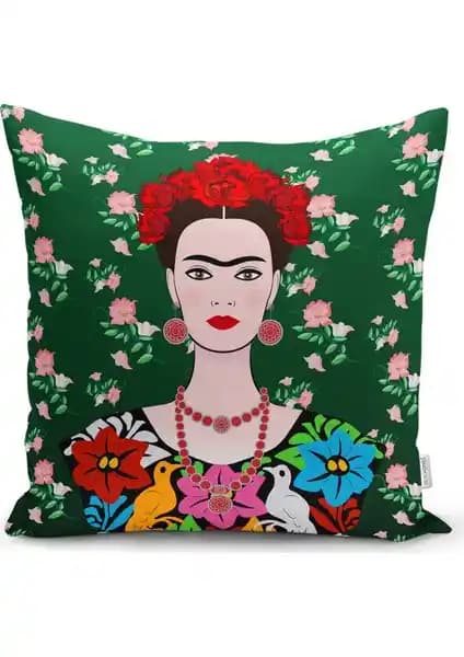 Yeşil Zeminde Frida Kahlo Motifli Özel Tasarım Yastık Kılıfı - Şık ve Dayanıklı Dekorasyon Ürünü