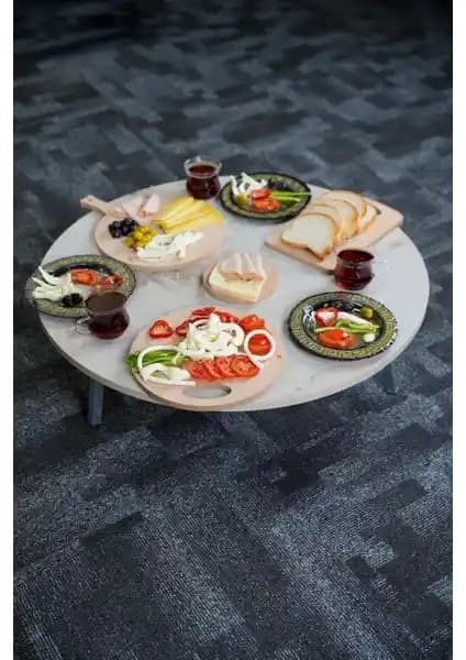 Zevahir Mobilya Royal Mermer Desenli Metal Katlanır Yuvarlak Yer Sofrası