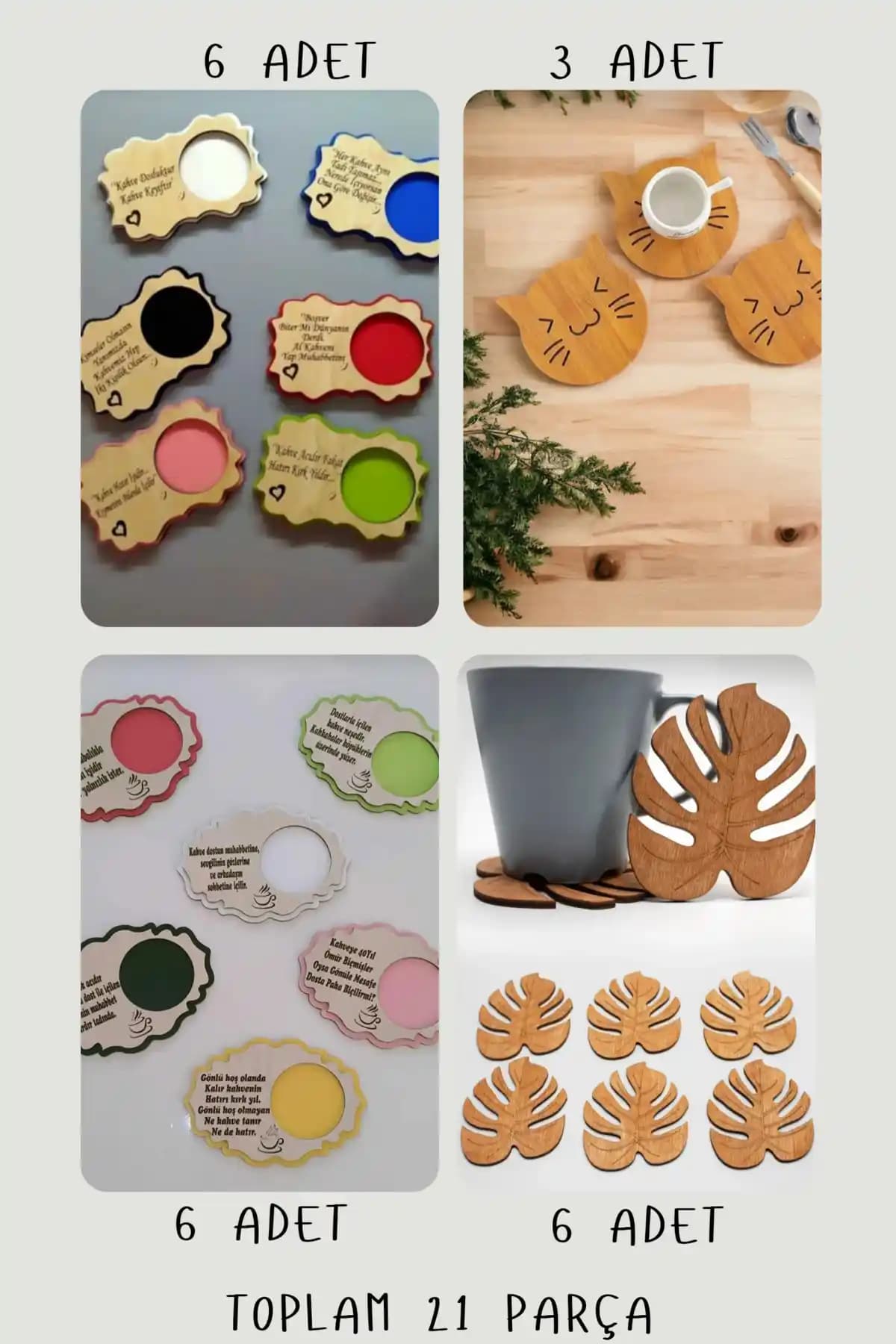 Ahşap Tasarımlı 21 Parça Kahve Fincan ve Bardak Altlığı Seti Ev Dekorasyonuna Uygun