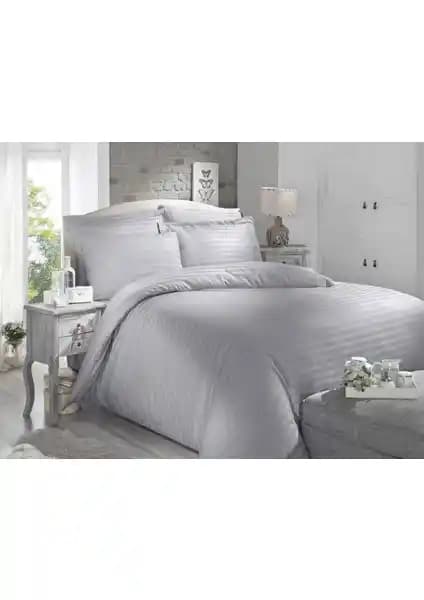 Altınbaşak Çift Kişilik Pamuk Saten Çizgili Nevresim Takımı Gri Renkli Modern Tasarım