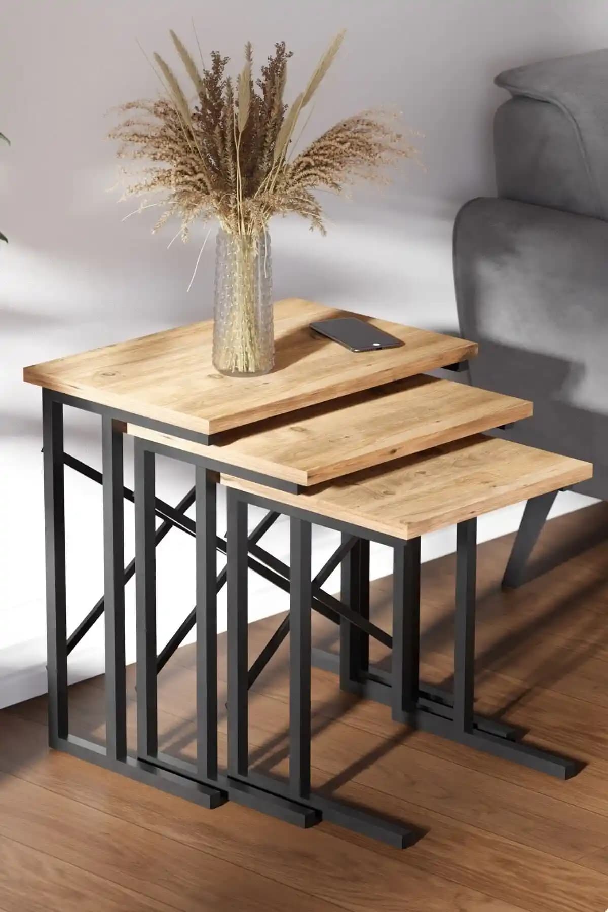 Ceramical Zg2 Metal Ayaklı Zigon Sehpa Çam Renkli Modern ve Dayanıklı Tasarım