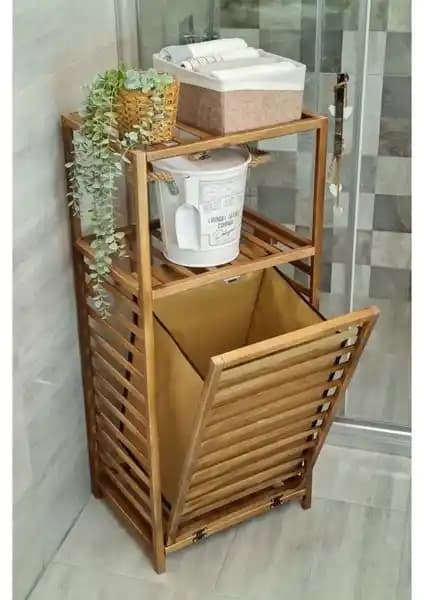 Digithome Ceviz Rengi Ahşap Kirli Sepetli Banyo Düzenleyici Raf Ürünü Özellikleri ve Kullanım Alanları