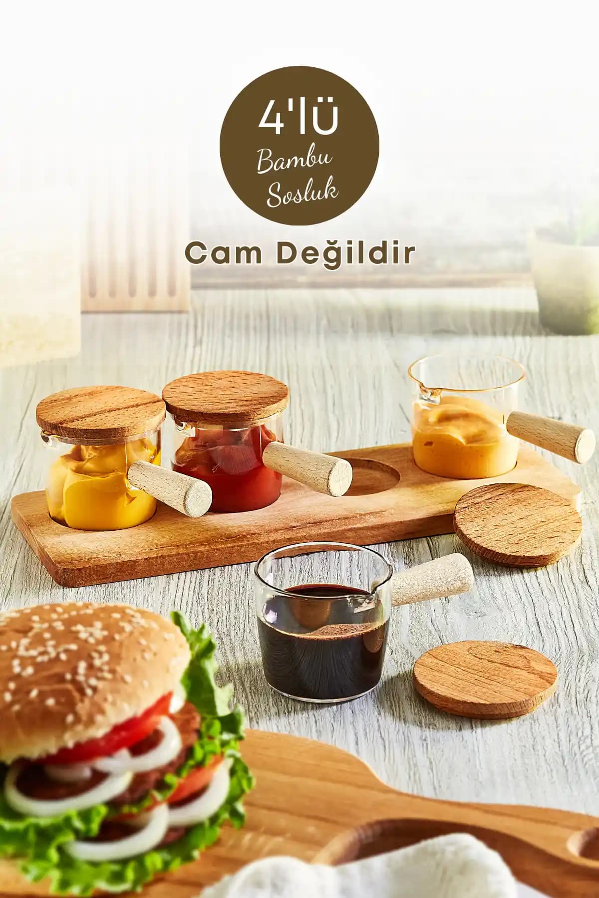 GRİMOR Life 4'lü Ahşap Standlı Bambu Saplı Mika Sosluk Reçellik Seti