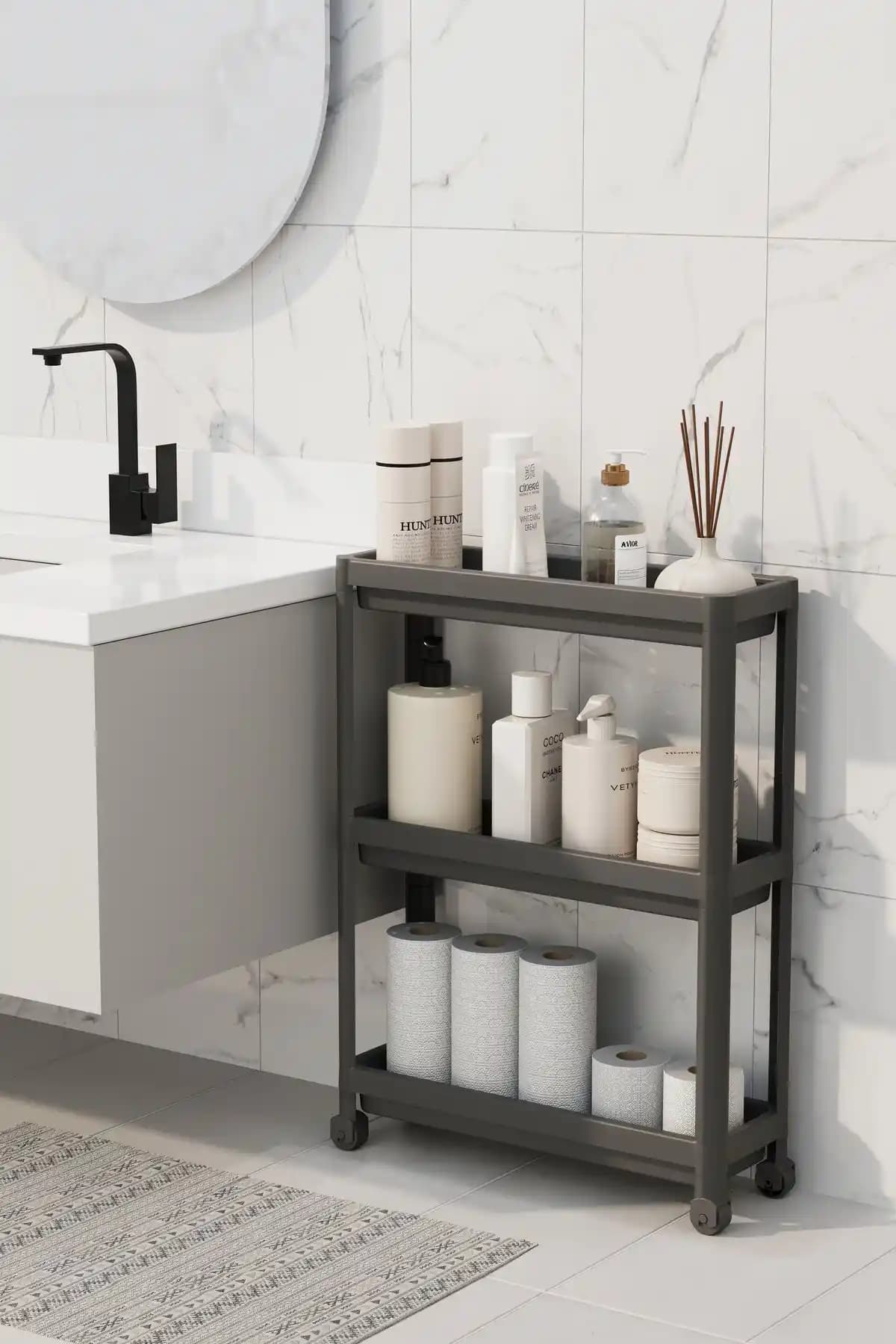 LIUWA Siyah Tekerlekli 3 Katlı Dikdörtgen Raf Ünitesi Ev ve Ofis Kullanımı