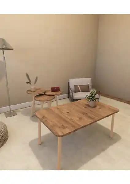 Modern Atlantik Çam Renkli 3'lü Zigon ve Orta Sehpa Seti Ev Dekorasyonu İçin