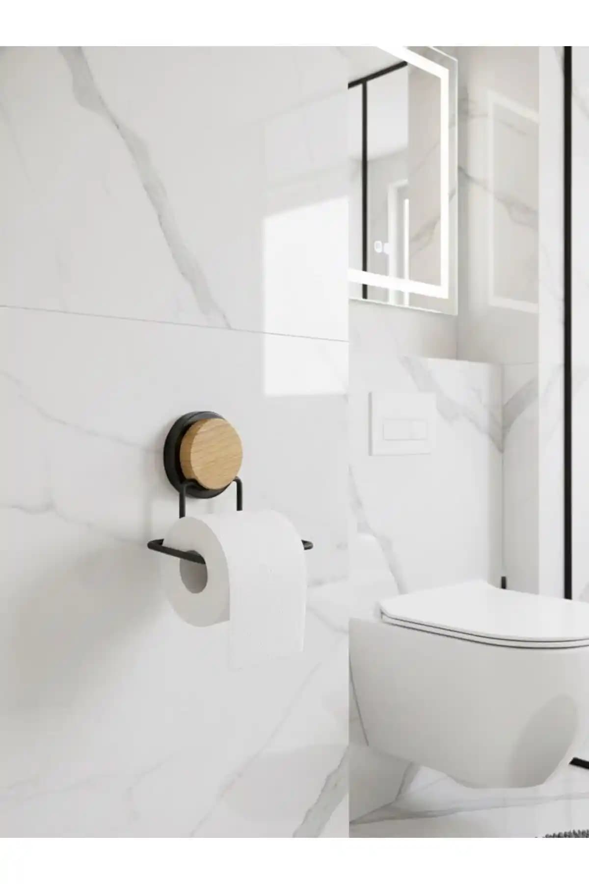 Okyanus Home Ahşap Desenli Siyah Magic Fix WC Kağıtlık Modern Banyo Dekorasyonu İçin Uygun