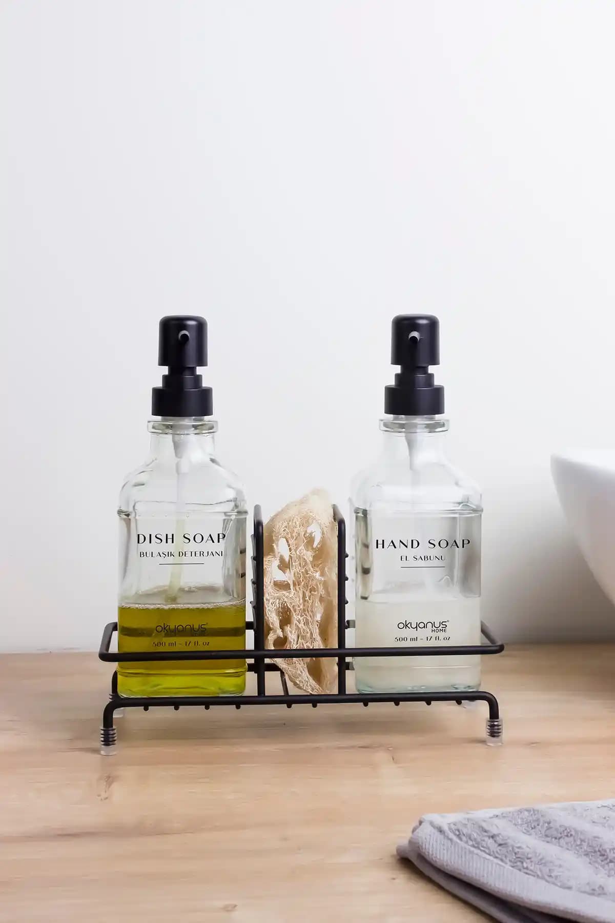 Okyanus Home Siyah ve Standlı İkili Kare Cam Sıvı Sabunluk 500ml Modern ve Şık Tasarım