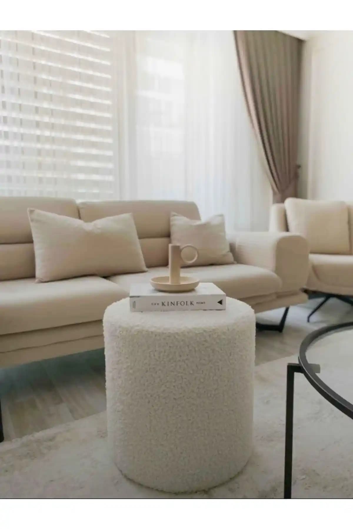 WEBPANYA El Yapımı Beyaz Tedy Kumaş Silindir Dekoratif Puf 38x38 cm