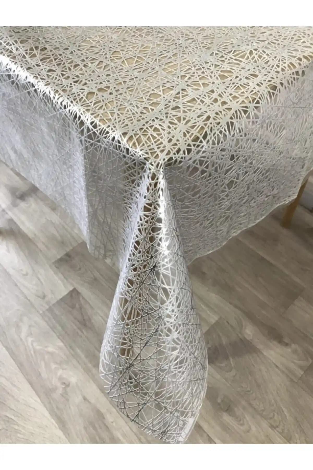 Yılzhome Gümüş Desenli Hasır PVC Şeffaf Kaplamalı Masa Örtüsü 140x200 cm