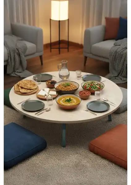 Zevahir Mobilya Ahşap Desenli Metal Yuvarlak Yer Sofrası Çok Amaçlı ve Dayanıklı Tasarım