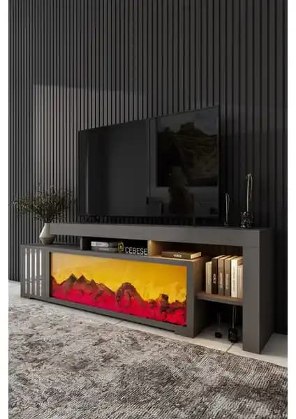 Cebese Dekoratif Elektrikli Şömine ve TV Ünitesi ile Modern Oturma Odası Tasarımı