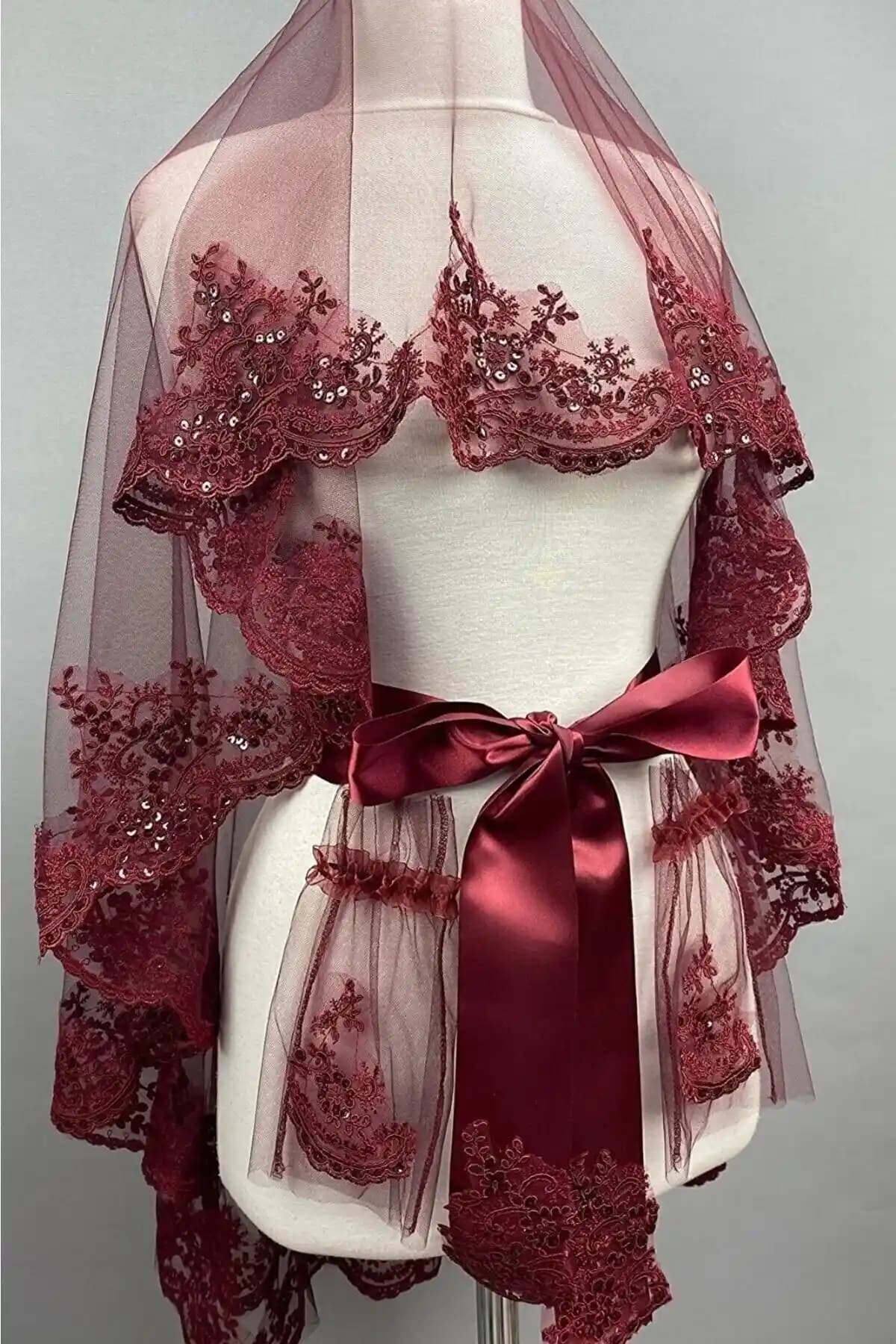 Gençay Bordo Lüx Güpürlü Kına Örtüsü Takımı Duvak ve Aksesuarlar