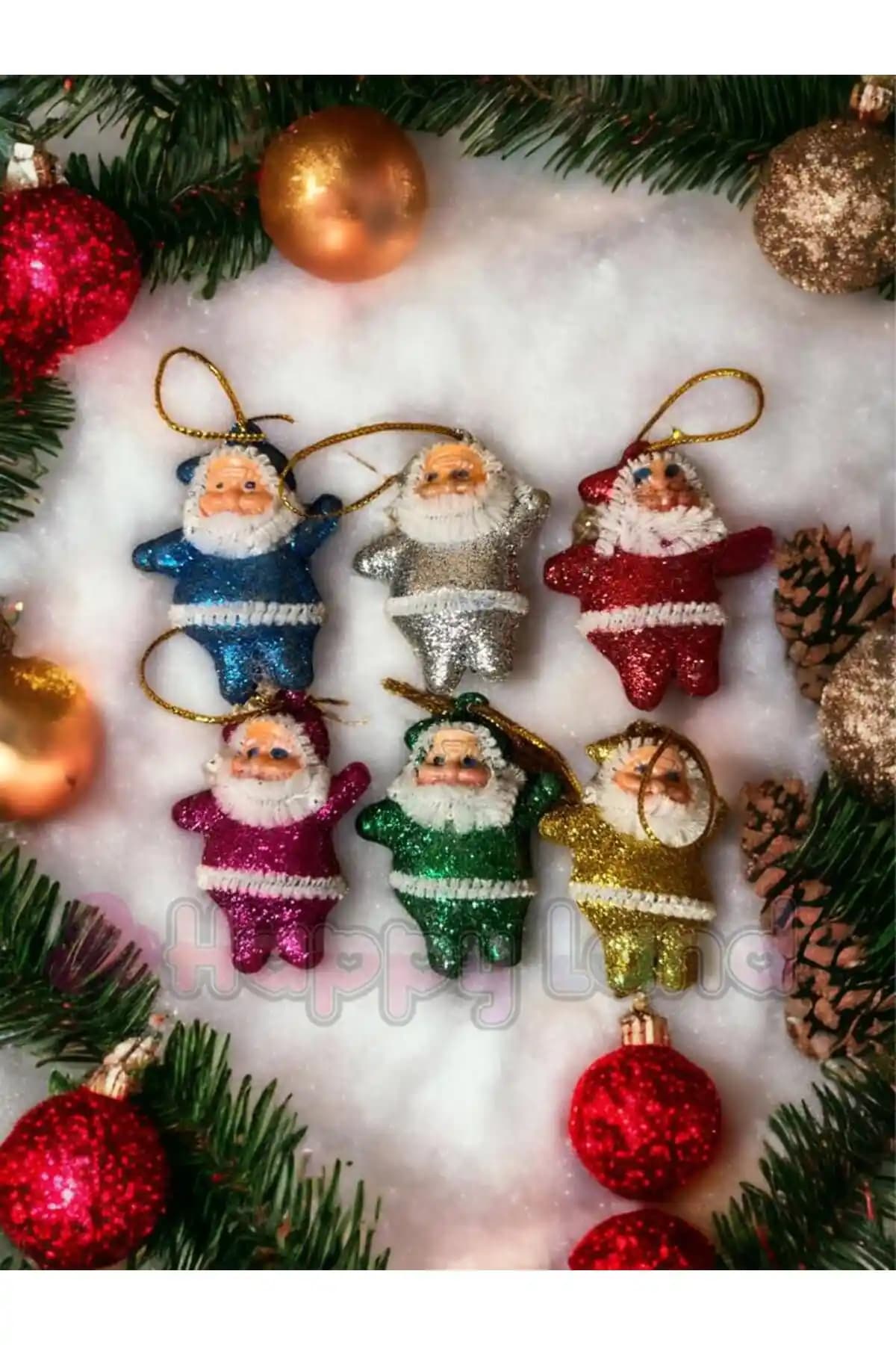 Happyland Yılbaşı Ağacı Süsü Seti Renkli ve Simli Noel Baba Figürleri ile Dekorasyon